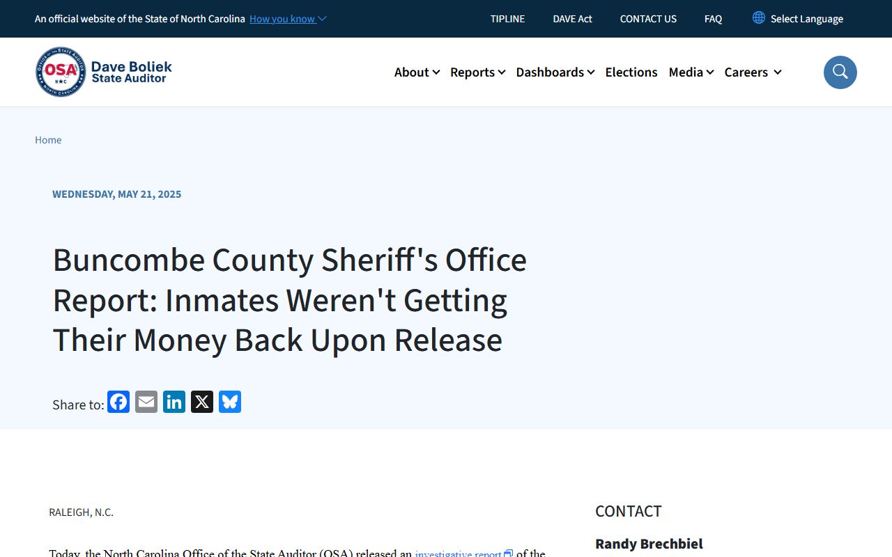 Buncombe County arrest records and court charges NC Auditor jail investigation source
