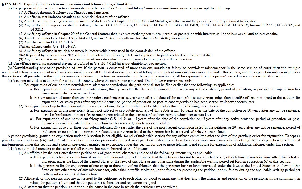 Buncombe County criminal court records nonviolent conviction expunction statute