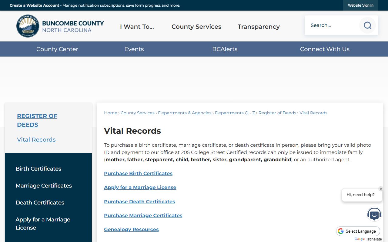 Buncombe County marriage records vital records certificate rules