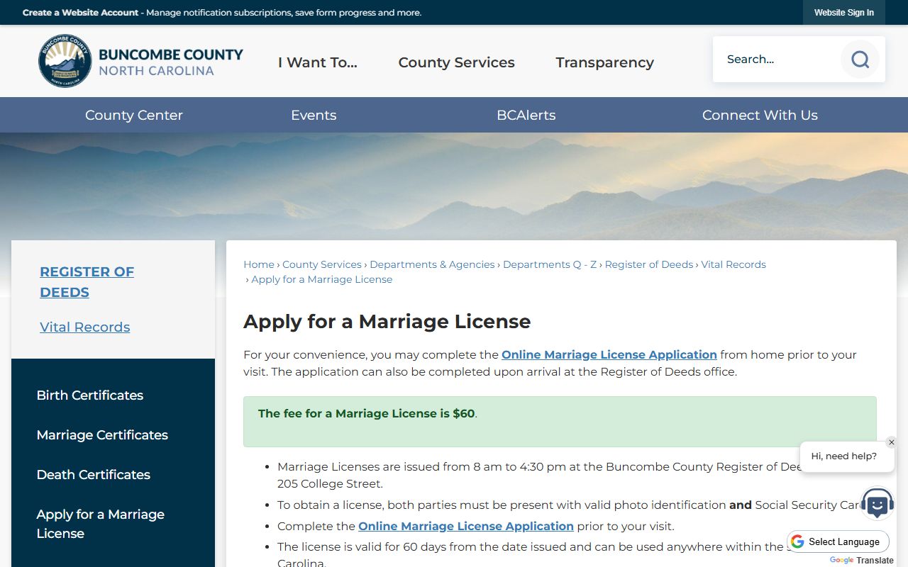 Buncombe County marriage records application instructions